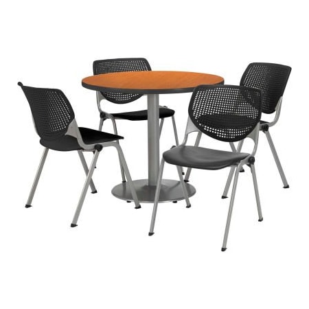 Kfi 42" Round Dining Table & Chair Set, Oak Table With Black Plastic Chairs T42RD-B1922SL-MO-2300-P10